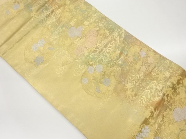 引箔流水に花輪・花々模様織出し名古屋帯